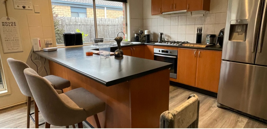 Before: Timber & Black Bench → All White Kitchen
