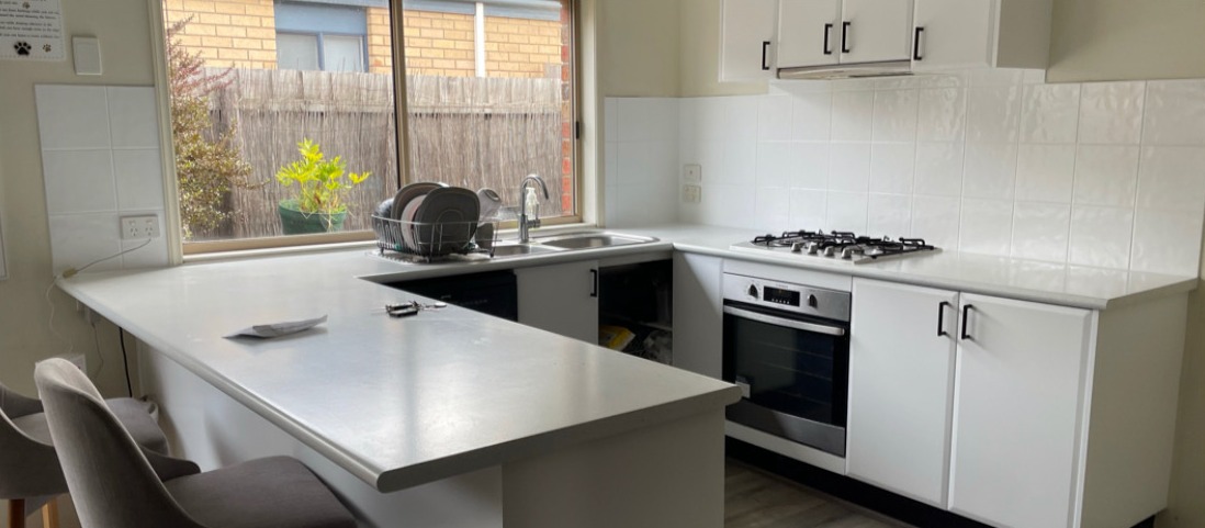 After: Timber & Black Bench → All White Kitchen