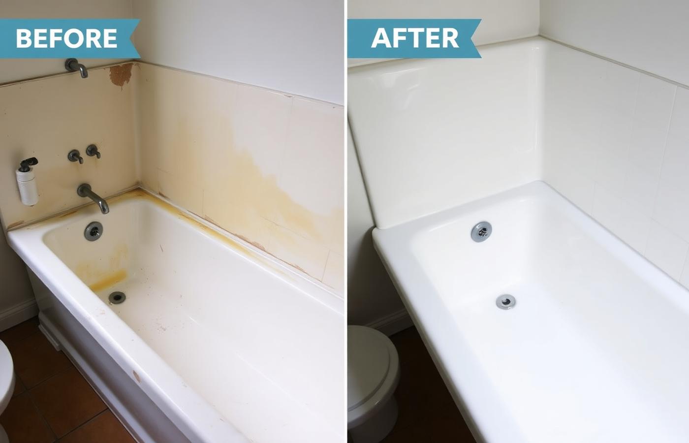 Before and after resurfacing of a chipped, stained bathtub